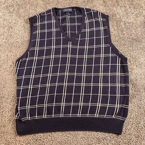Vintage Polo Ralph Lauren Sweater Vest Mens XL Navy Windowpane V Neck Linen 90s